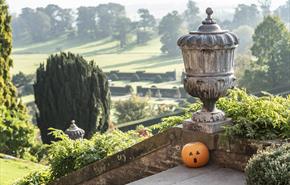 A carved pumpkin with a surprised face sits on a stone terrace beside an ornate stone urn, overlooking the terraced garden at Powis Castle and Garden